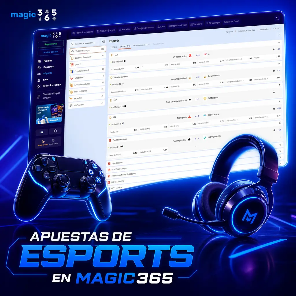 Apuestas de esports en Magic365: mercados en vivo para CS2, League of Legends, Dota 2, Valorant y PUBG Mobile