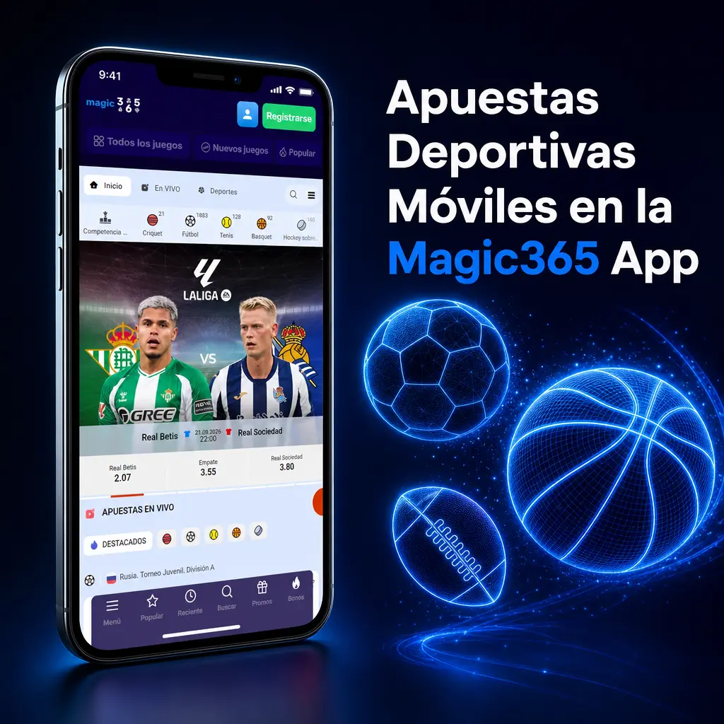 Apuestas deportivas en vivo y pre-partido en la app Magic365: fútbol, básquet, tenis y cibersport con cuotas actualizadas.