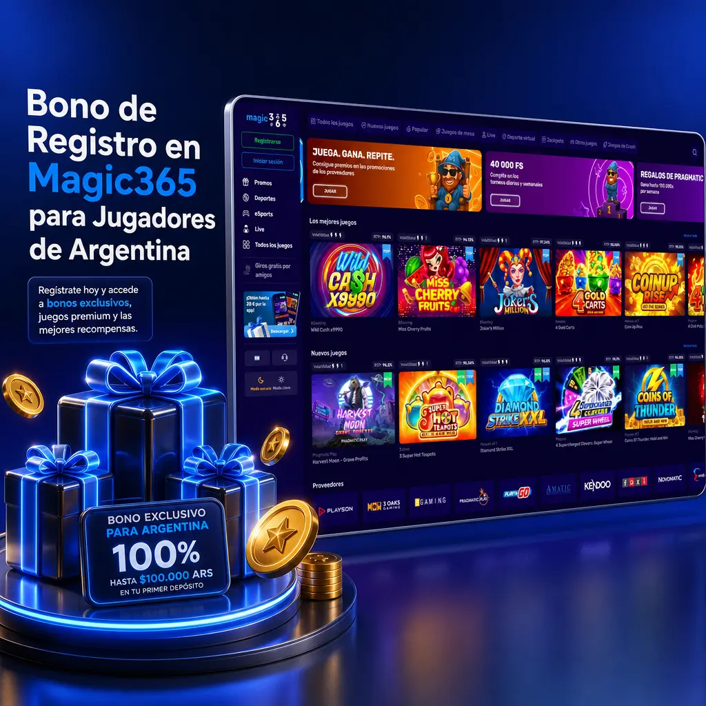Bono de registro en Magic365 para jugadores de Argentina: 200% hasta 16.000 ARS en deportes o 150% hasta 12.000 ARS más 50 giros gratis en casino.