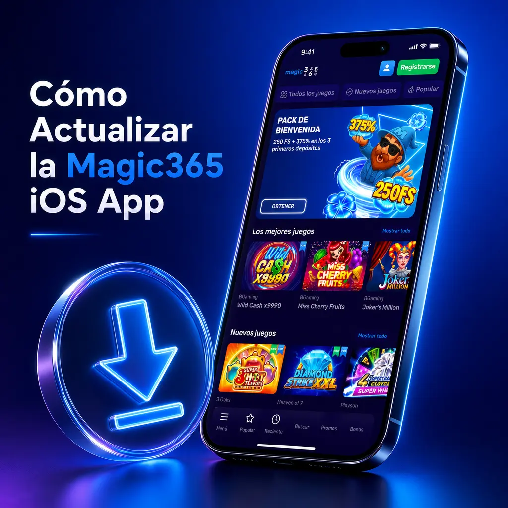 Pantalla mostrando cómo actualizar la app Magic365 en iOS desde Safari para mejorar rendimiento y seguridad de pagos.