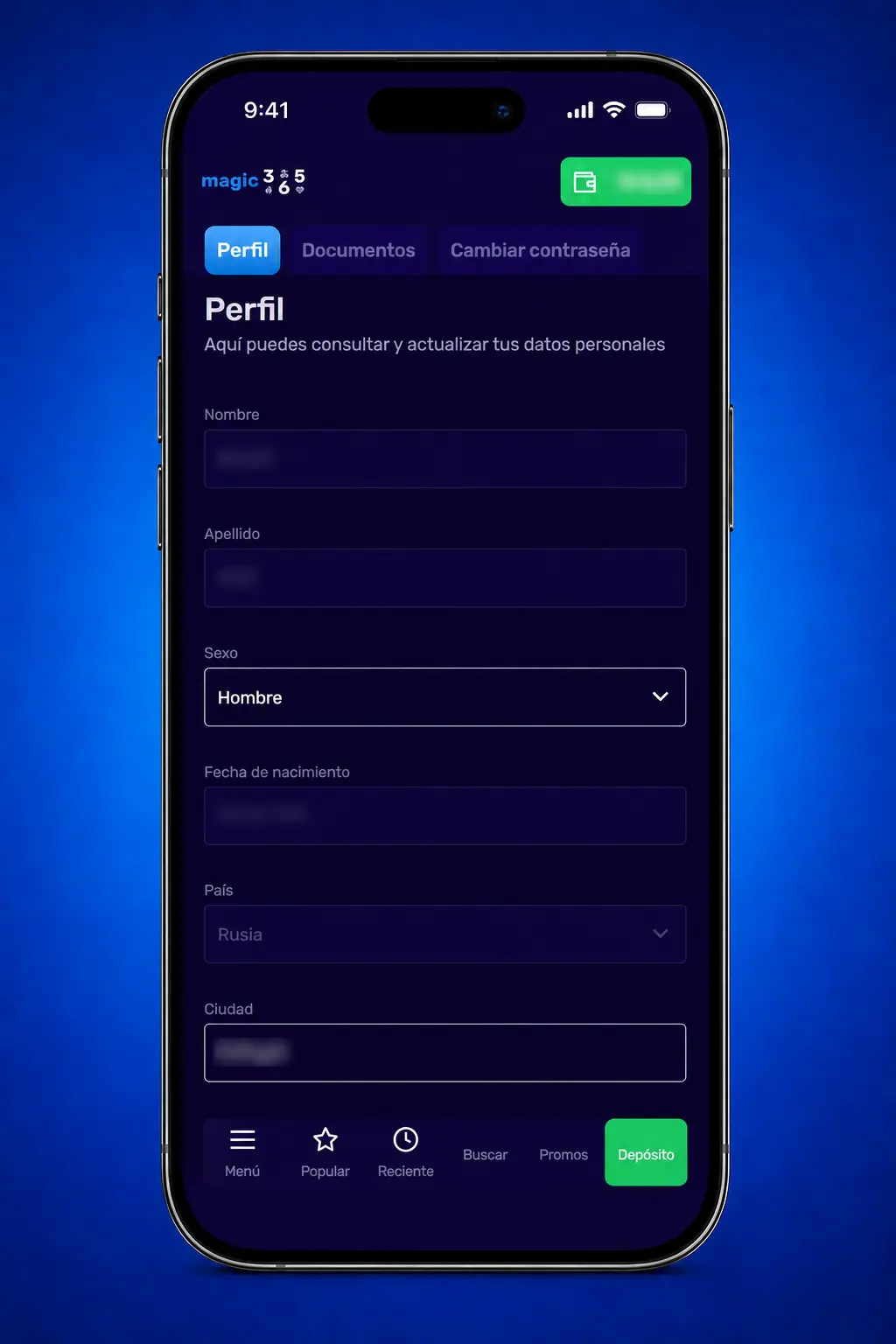 Pasos para verificar tu cuenta en Magic365: subir DNI, selfie con documento y comprobante de domicilio.