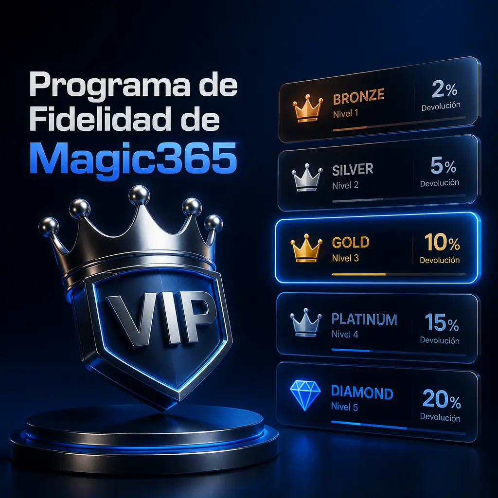 Programa de fidelidad de Magic365: acumulá puntos, subí de nivel (Bronce a Diamante) y obtené cashback y beneficios VIP.
