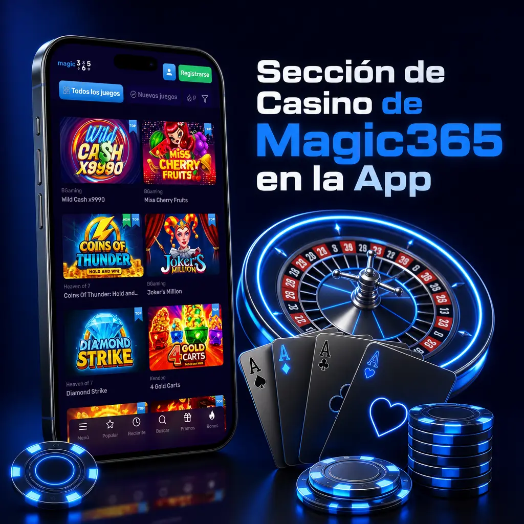 Sección de casino de Magic365 en la app móvil con tragamonedas, mesas, casino en vivo, crash games y jackpots.