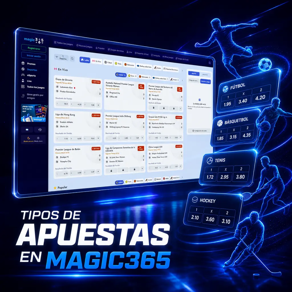 Tipos de apuestas en Magic365: simple, combinada, sistema, hándicap asiático y over/under en el sportsbook.